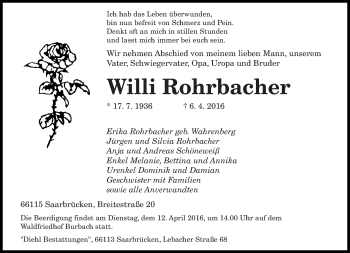 Todesanzeige von Willi Rohrbacher von saarbruecker_zeitung