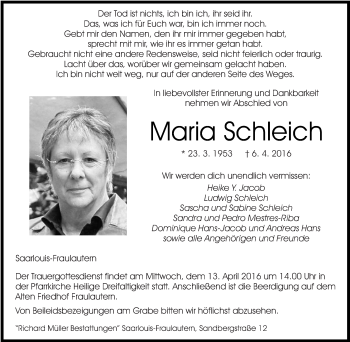 Todesanzeige von Maria Schleich von saarbruecker_zeitung
