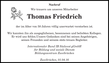 Todesanzeige von Thomas Friedrich von saarbruecker_zeitung