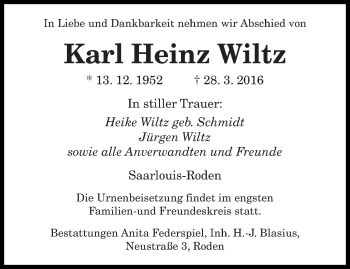 Todesanzeige von Karl Heinz Wiltz von saarbruecker_zeitung