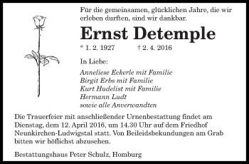 Todesanzeige von Ernst Detemple von saarbruecker_zeitung