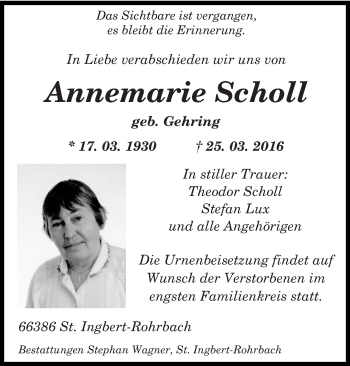 Todesanzeige von Annemarie Scholl von saarbruecker_zeitung