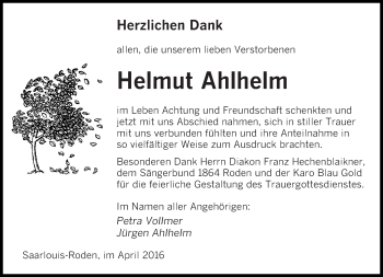 Todesanzeige von Helmut Ahlhelm von saarbruecker_zeitung