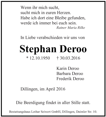 Todesanzeige von Stephan Deroo von saarbruecker_zeitung