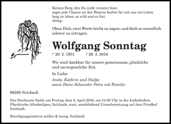 Todesanzeige von Wolfgang Sonntag von saarbruecker_zeitung