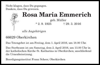 Todesanzeige von Rosa Maria Emmerich von saarbruecker_zeitung