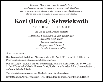 Todesanzeige von Karl  Schwickrath von saarbruecker_zeitung