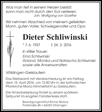 Todesanzeige von Dieter Schliwinski von saarbruecker_zeitung