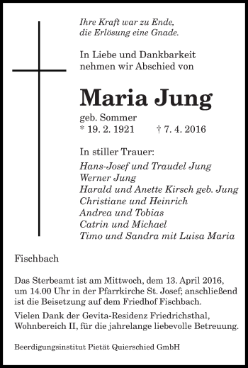 Todesanzeige von Maria Jung von saarbruecker_zeitung