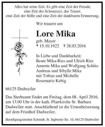 Todesanzeige von Lore Mika von saarbruecker_zeitung