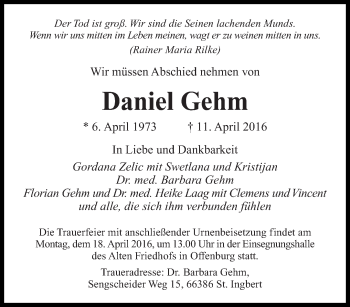 Todesanzeige von Daniel Gehm von saarbruecker_zeitung