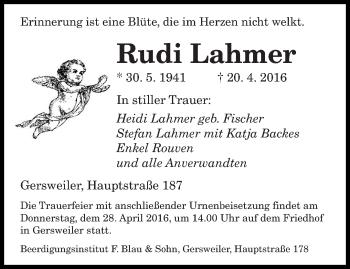 Todesanzeige von Rudi Lahmer von saarbruecker_zeitung