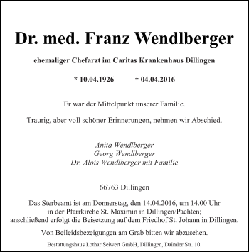 Todesanzeige von Franz Wendlberger von saarbruecker_zeitung