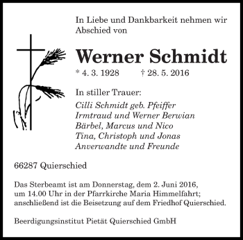 Todesanzeige von Werner Schmidt von saarbruecker_zeitung