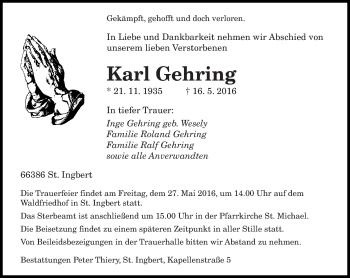 Todesanzeige von Karl Gehring von saarbruecker_zeitung