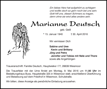 Todesanzeige von Marianne Deutsch von saarbruecker_zeitung