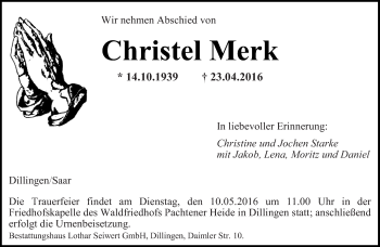 Todesanzeige von Christel Merk von saarbruecker_zeitung