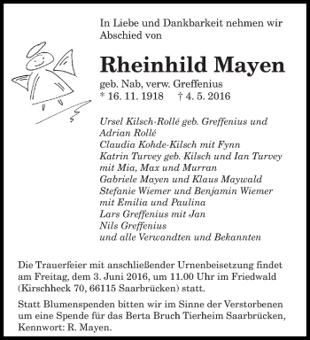 Todesanzeige von Rheinhild Mayen von saarbruecker_zeitung