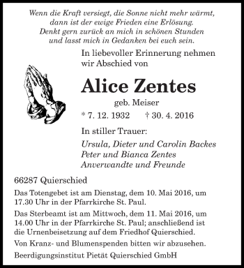Todesanzeige von Alice Zentes von saarbruecker_zeitung