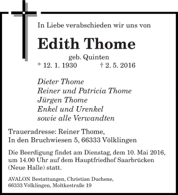 Todesanzeige von Edith Thome von saarbruecker_zeitung