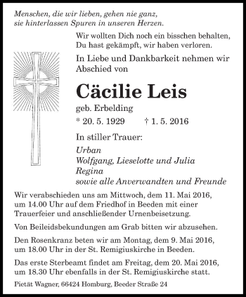 Todesanzeige von Cäcilie Leis von saarbruecker_zeitung