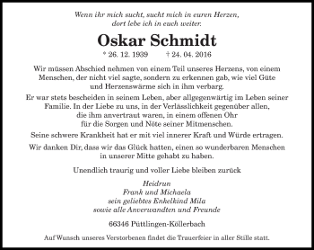 Todesanzeige von Oskar Schmidt von saarbruecker_zeitung