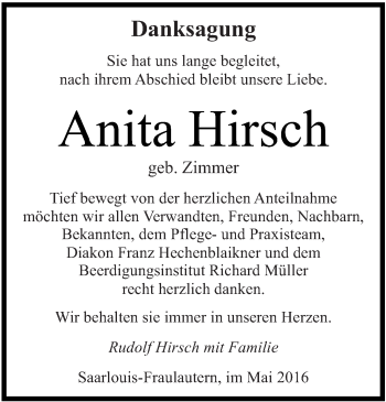 Todesanzeige von Anita Hirsch von saarbruecker_zeitung