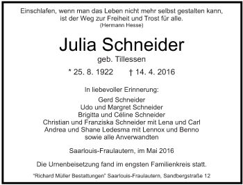 Todesanzeige von Julia Schneider von saarbruecker_zeitung