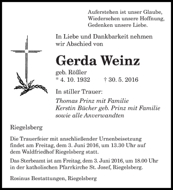 Todesanzeige von Gerda Weinz von saarbruecker_zeitung