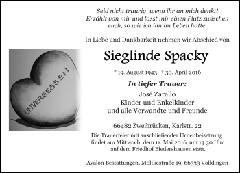 Todesanzeige von Sieglinde Spacky von saarbruecker_zeitung