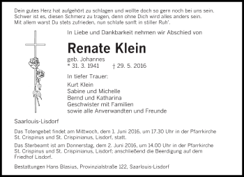 Todesanzeige von Renate Klein von saarbruecker_zeitung