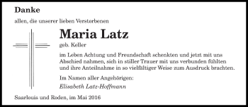Todesanzeige von Maria Latz von saarbruecker_zeitung
