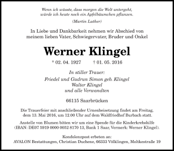 Todesanzeige von Werner Klingel von saarbruecker_zeitung