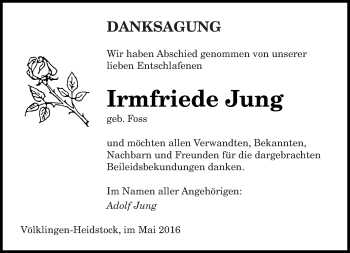 Todesanzeige von Irmfriede Jung von saarbruecker_zeitung