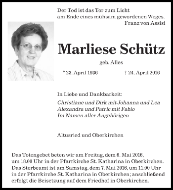 Todesanzeige von Marliese Schütz von saarbruecker_zeitung