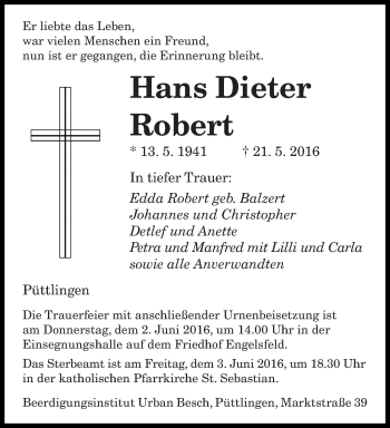 Todesanzeige von Hans Dieter Robert von saarbruecker_zeitung