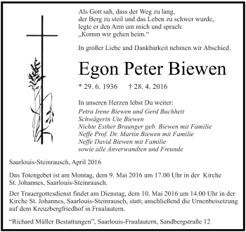 Todesanzeige von Egon Peter Biewen von saarbruecker_zeitung