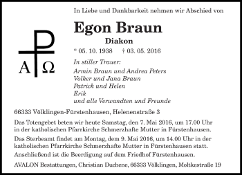 Todesanzeige von Egon Braun von saarbruecker_zeitung