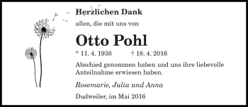 Todesanzeige von Otto Pohl von saarbruecker_zeitung