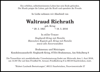 Todesanzeige von Waltraud Richrath von saarbruecker_zeitung