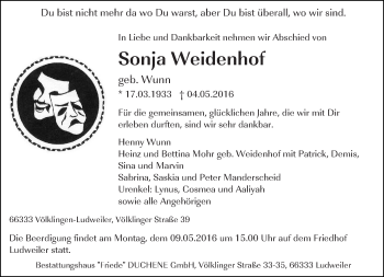 Todesanzeige von Sonja Weidenhof von saarbruecker_zeitung