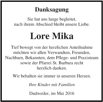 Todesanzeige von Lore Mika von saarbruecker_zeitung