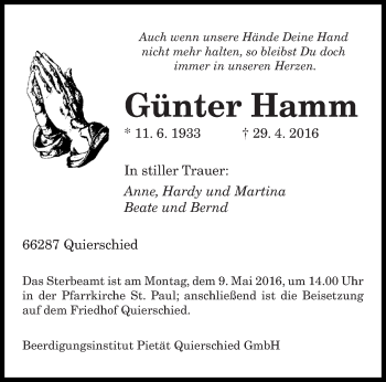 Todesanzeige von Günter Hamm von saarbruecker_zeitung
