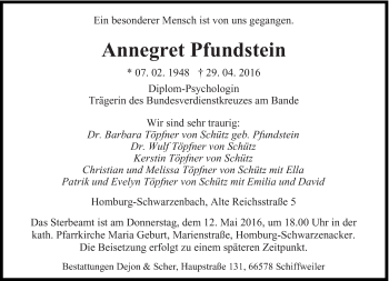 Todesanzeige von Annegret Pfundstein von saarbruecker_zeitung
