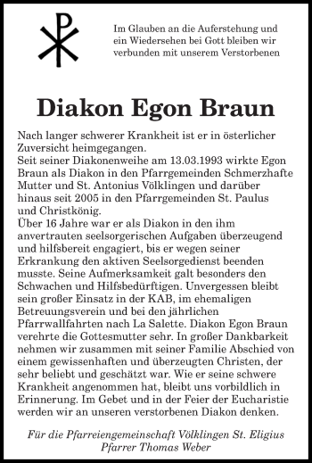 Todesanzeige von Egon Braun von saarbruecker_zeitung
