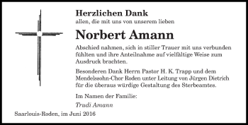 Todesanzeige von Norbert Amann von saarbruecker_zeitung