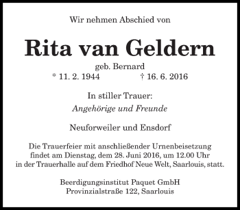 Todesanzeige von Rita van Geldern von saarbruecker_zeitung
