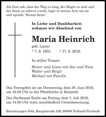 Todesanzeige von Maria Heinrich von saarbruecker_zeitung