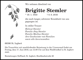 Todesanzeige von Brigitte Stemler von saarbruecker_zeitung