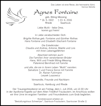 Todesanzeige von Agnes Fontaine von saarbruecker_zeitung